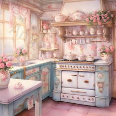 a painting of an old fashioned kitchen with pink flowers on the stove top and cabinets