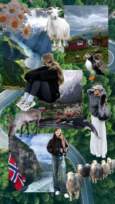 a collage of pictures with animals and people in the middle one has a bird on her shoulder