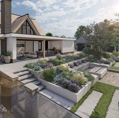 an artist's rendering of a modern home with landscaping and outdoor living areas in the foreground