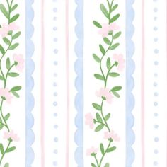 a striped wallpaper with pink flowers and green leaves on white, blue and pink stripes