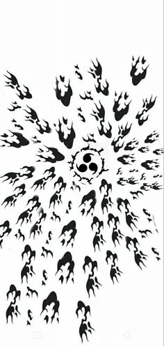 an abstract black and white drawing of flames coming out of the center of a circle