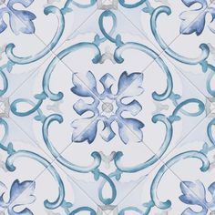 a blue and white tile pattern with an ornate design on the bottom half of it