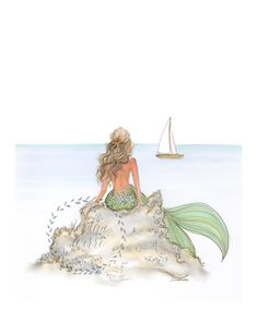 a drawing of a mermaid sitting on top of a rock with a sailboat in the background