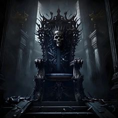 the iron throne is sitting in front of a window with a skull on it's back