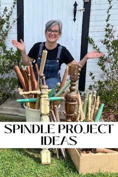 a woman sitting in front of a pile of wooden objects with the words spindle project ideas