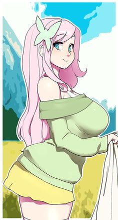 a drawing of a girl with pink hair and green shirt holding a white bag in her hand