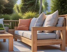 a couch and table on a patio with trees in the background