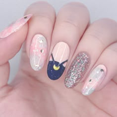 Sailor Moon Inspired Nails Simple, Sailor Moon Acrylic Nails, Luna And Artemis Tattoo, Sailormoon Nailart, Sailor Moon Nails Acrylic, Cute Anime Nails