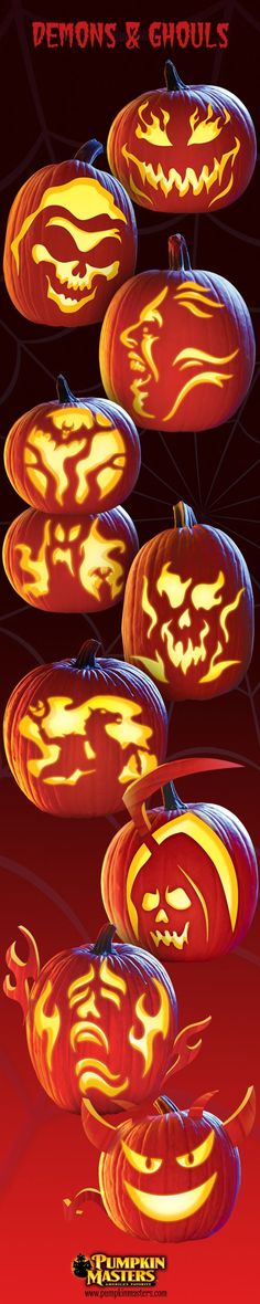 halloween pumpkins with glowing faces in the background and text that reads, demon's & ghouls