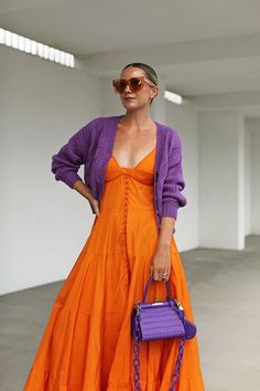 Women Colorful Outfits, Fall Outfit Colorful, Colourful Feminine Outfits, Orange Dress Styling, Colorful Feminine Outfits, Colorful Party Outfit, Bright Color Clothes, Colorful Fashion Style, Atlantic Pacific Blair Eadie