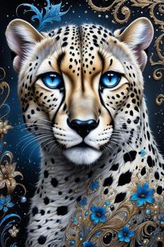 a painting of a cheetah with blue eyes and gold accents on it's face