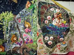 two pieces of art work are displayed on a tablecloth covered with flowers and bears