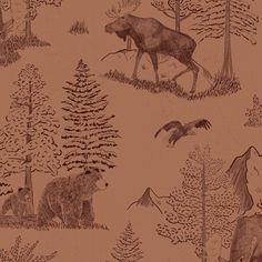 a drawing of animals and trees in the woods