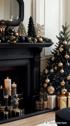 a decorated christmas tree in front of a fireplace with gold and black ornaments on it