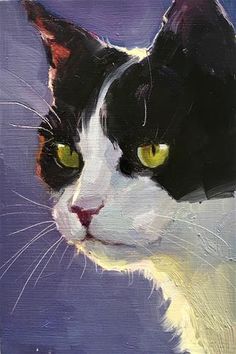 a painting of a black and white cat with yellow eyes looking to the side,