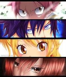 three anime characters with different colored eyes