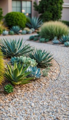 an assortment of succulents and plants in a graveled area next to a house