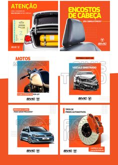 an orange brochure with four different types of vehicles