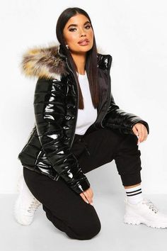 boohoo Petite High Shine Faux Fur Trim Hooded Coat in black | winter coat for petites on a budget with trendy shiny fabric | affiliate link | Boohoo | #wintercoat #boohoo #winterfaashion Puffy Clothes, Style Rock, Petite Jacket, Fashion Face Mask, Clothes Style, Petite Outfits, Hooded Coat, Faux Fur Coat