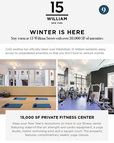 an advertisement for the winter is here event with pictures of gym equipment and exercise mats