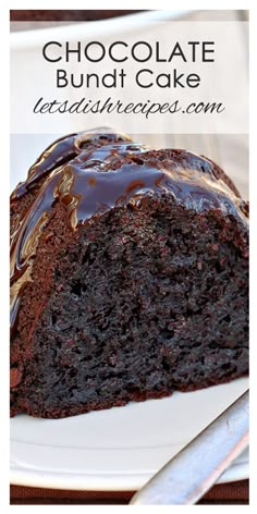 a chocolate bundt cake on a white plate