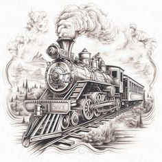 Train Coloring Pages, Tattoo Posters, Railroad Art, Vintage Png, Railroad Photography, Cloud Drawing