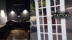 the inside and outside of a tattoo parlor with lights on it's doors, an office desk in front of a brick wall