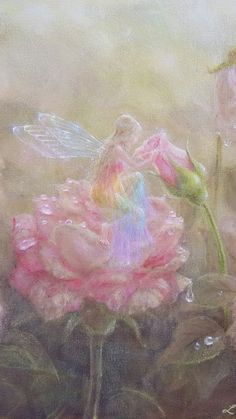 a painting of a pink flower with a fairy sitting on it's back side