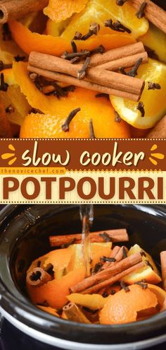 slow cooker potpourri with cinnamons and oranges in the crockpot