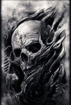 a black and white photo of a skull with flames coming out of it's mouth