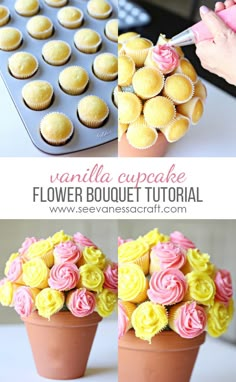 the cupcakes are being made into flower bouquets with pink and yellow icing