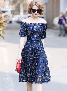 Elegant Stereoscopic Flower Slash Neck A-line Dress Off Shoulder Midi Dress, Fashion Dresses Online, Skater Dresses, Embroidery Floral, A Line Dresses, Dresses Elegant, Linnet, Floral Short, Daily Dress