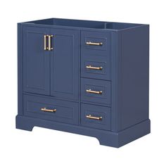 a blue cabinet with gold handles and drawers on the bottom, against a white background