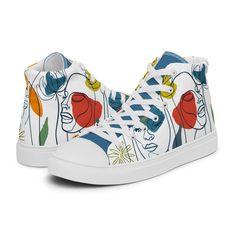 Step into a world where fashion meets art with our Women's classic high sneaker! Designed with my artistic flair inspired by modern art, these high sneakers are a bold statement of individuality and style. Crafted from durable polyester, canvas , they're not just built to last but also to impress. What sets them apart is the striking high-quality print of my unique designs, making each pair a work of art that reflects your distinctive fashion sense.  All designs can be produced for both men and Artistic Shoes, High Sneakers, Shoes Trainers, Custom Art, Fashion Sense, Womens Shoes Sneakers, High Top, High Tops, Modern Art