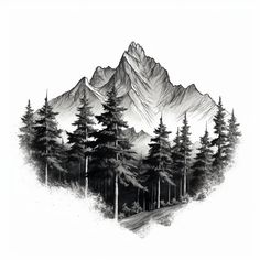 a black and white drawing of mountains with trees on each side, surrounded by snow