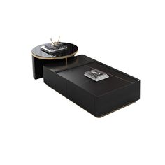 a coffee table with two trays on it and a remote control in the middle