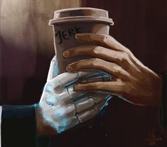 a painting of a hand holding a coffee cup with the word jek on it