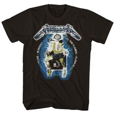 a black t - shirt with an image of a skeleton riding a skateboard