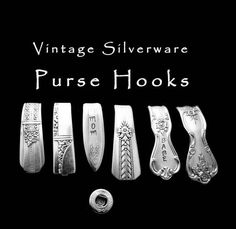 vintage silverware purse hooks are displayed on a black background