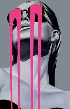 a painting of a woman with three pink forks sticking out of her face to the side