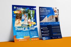 two travel and tour brochures are shown on an orange surface with white background