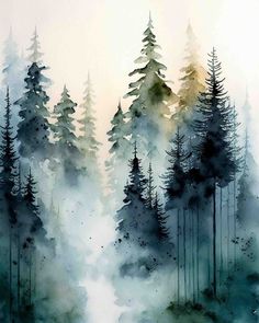 watercolor painting of trees and fog in the woods by artist markie kraut