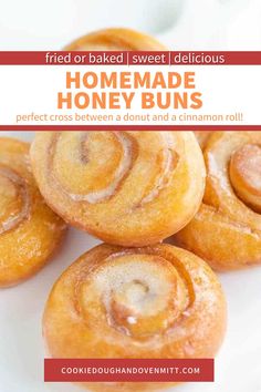 homemade honey buns on a white plate with text overlay