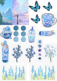 blue flowers and butterflies stickers on a white background with watercolor paints in the bottom right corner