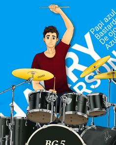 a man is playing drums in front of a blue background with the words big 5 on it