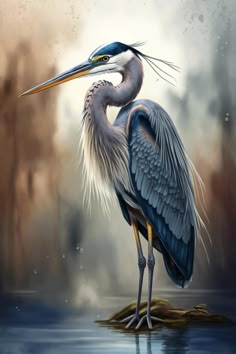 a painting of a blue heron standing in the water