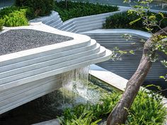 a water feature in the middle of a garden