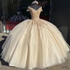 (eBay) Off the Shoulder Quinceanera Dresses Champagne Lace Appliqued Beaded Party Gowns White And Gold Quinceanera Dresses, White Quince Dress, Champagne Quince Dresses, Champagne Quinceanera, White Quince Dresses, Champagne Quince, Champagne Quinceanera Dresses, Vestido Charro, White Quinceanera Dresses