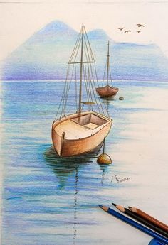 a drawing of two boats in the water