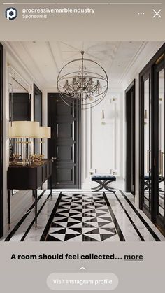 a black and white checkered floor with chandelier hanging from the ceiling in an elegant hallway